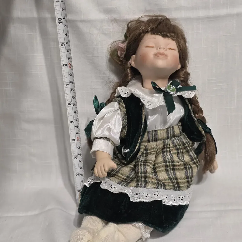 Vintage Collectible Porcelain Twin Dolls in Plaid and Blue Velvet Outfits